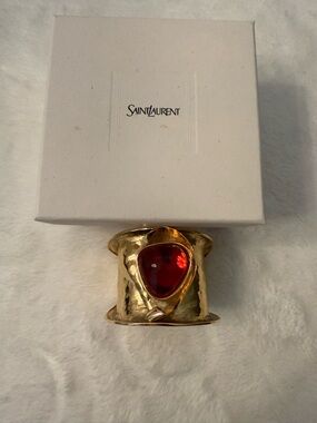 Saint Laurent Gold-Tone Hammered Cuff with cognac Cabochon